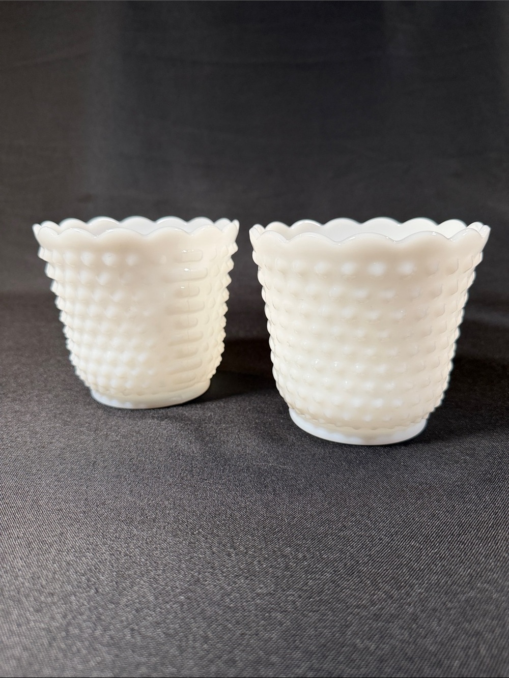 Vintage Fire King Hobnail Milk Glass Scalloped Edge planters, set of 2